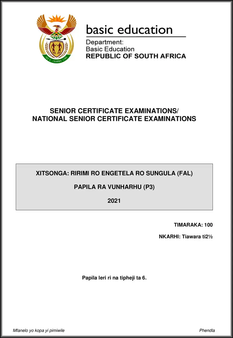 Xitsonga Fal P3 May June 2021 Gr12