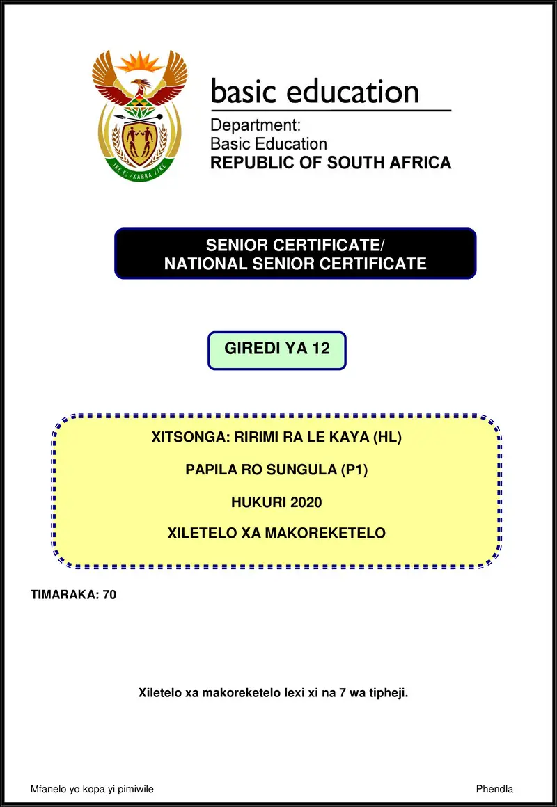 Grade 12 Xitsonga past paper 2020 – xitsonga hl p1 nov 2020 memo gr12