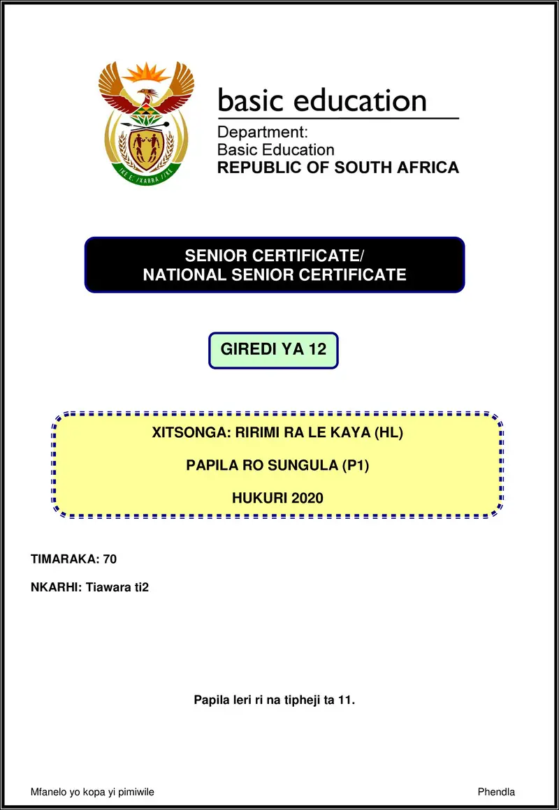 Xitsonga Hl P1 Nov 2020 Gr12