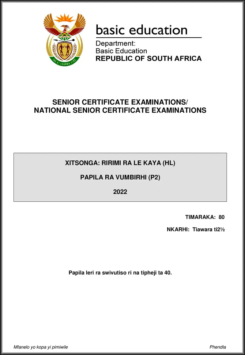 Xitsonga Hl P2 May June 2022 Gr12