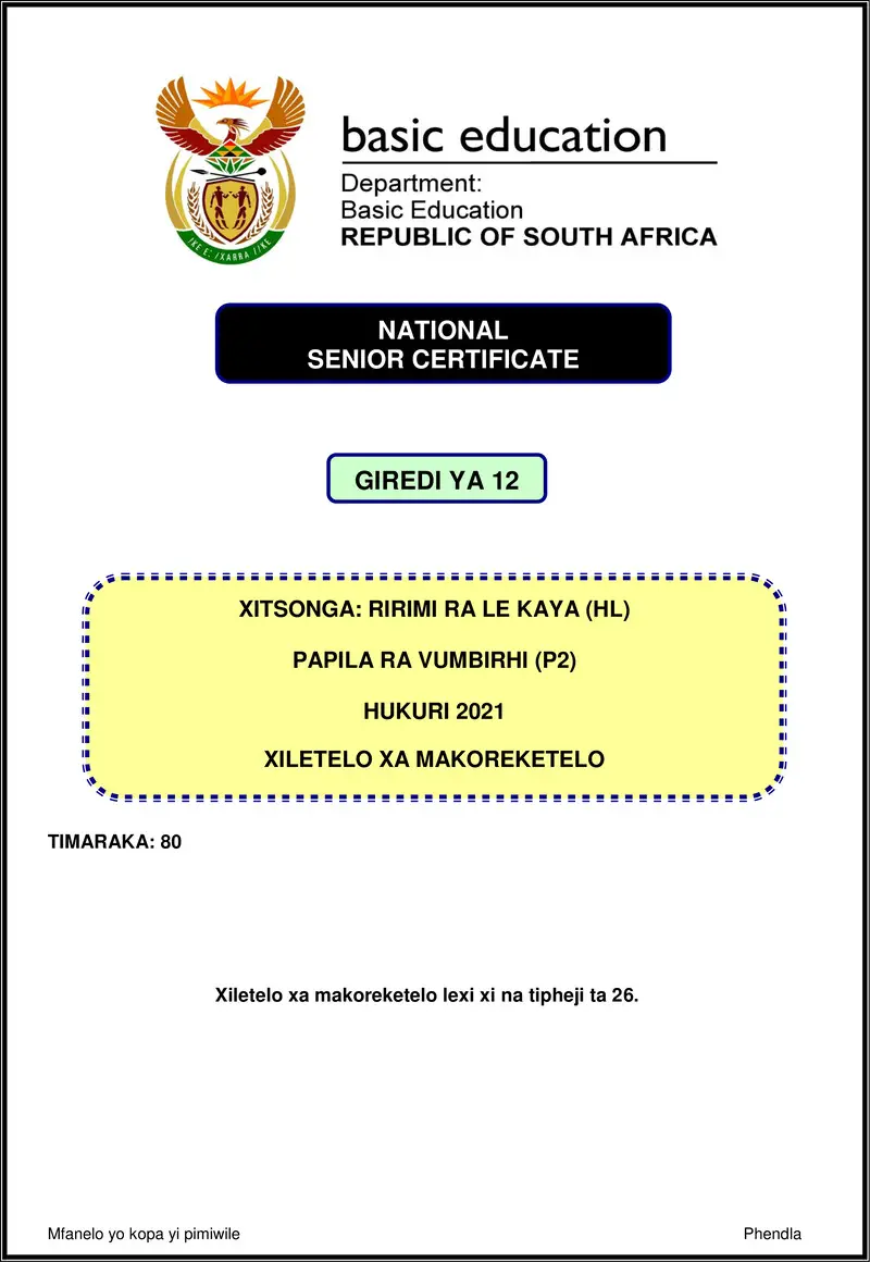 Xitsonga Hl P2 Nov 2021 Mg Gr12