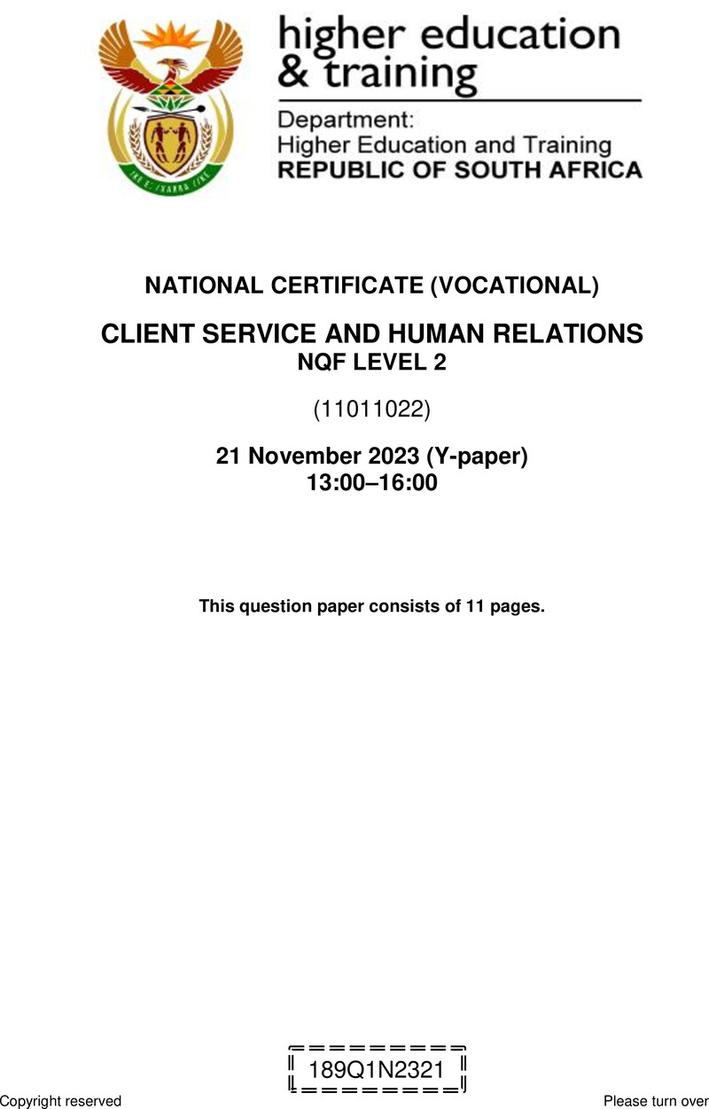 Nc460 Client Service And Human Relations L2 QP Nov 2023