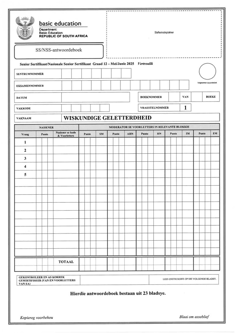 Mathematical Literacy Grade 12 DBE Caps May 2025 Paper 1 - Answer Booklet