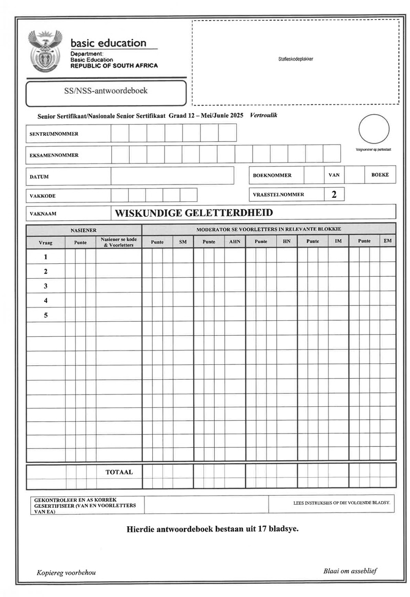 Mathematical Literacy Grade 12 DBE Caps May 2025 Paper 2 - Answer Booklet