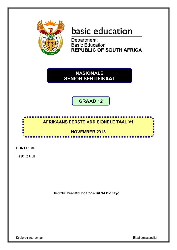 Afrikaans Eerste Addisionele Taal Grade 12 DBE NSC November 2018 Paper 1 - Question Paper