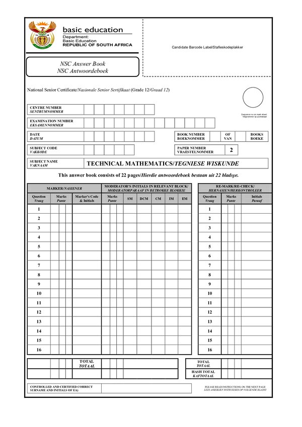 Technical Mathematics Grade 12 DBE NSC November 2018 Paper 2 - Answer Book