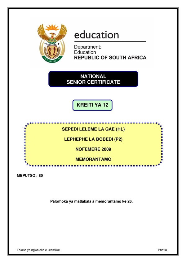 Sepedi Leleme La Gae Grade 12 Doe NSC November 2009 Paper 2 - Memo