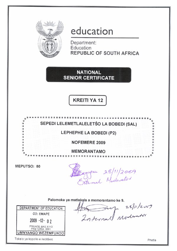 Sepedi Grade 12 Doe NSC November 2009 Paper 2 - Memo