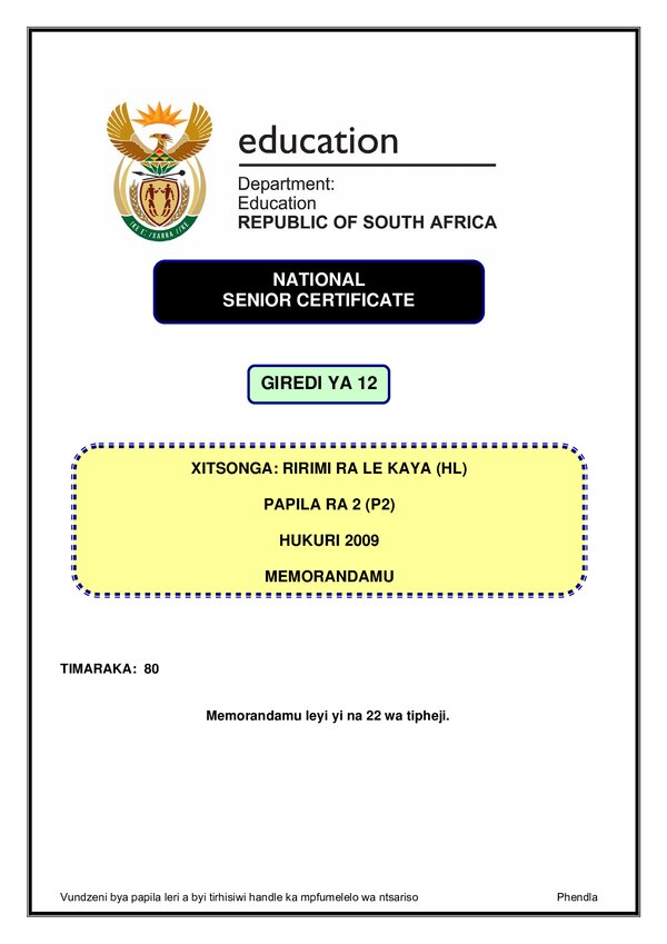 Xitsonga Grade 12 Doe NSC 2009 Paper 2 - Memo