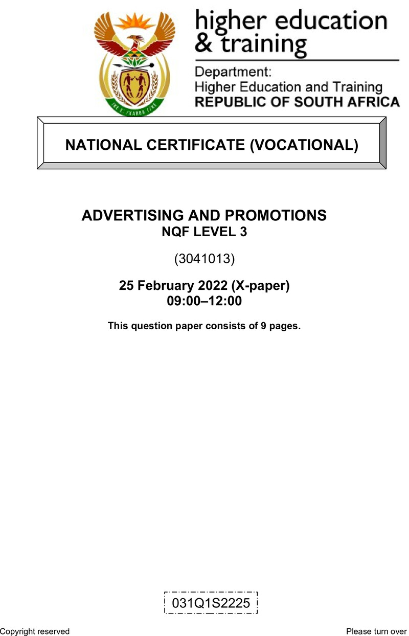 Advertising and Promotions Level 3 DHET NCV February 2022 Paper X - Question Paper