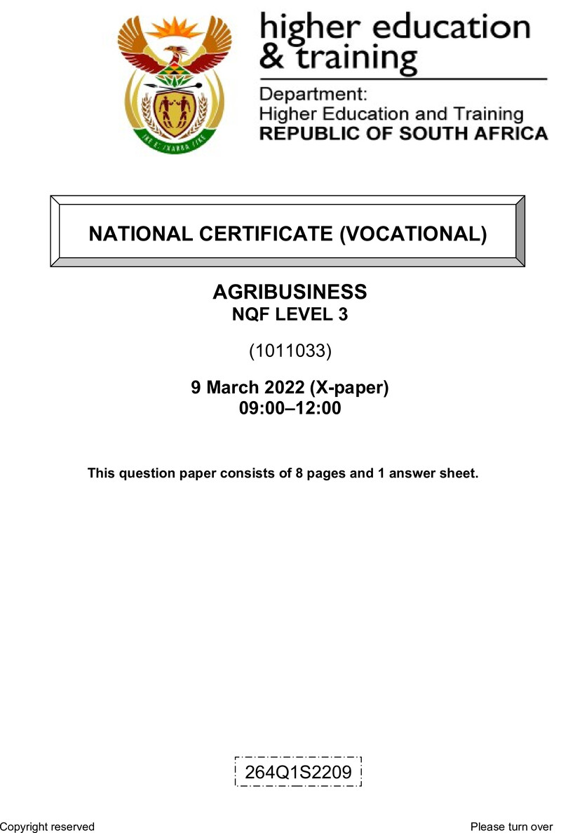 Agribusiness Level 3 DHET NCV March 2022 Paper X - Question Paper