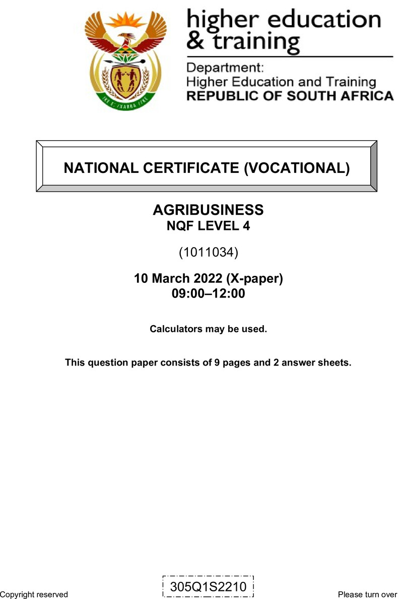 Agribusiness Level 4 DHET NCV March 2022 Paper X - Question Paper