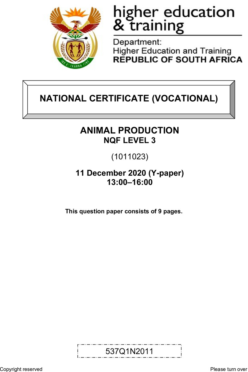 Animal Production Level 3 DHET NCV December 2020 Paper Y - Question Paper