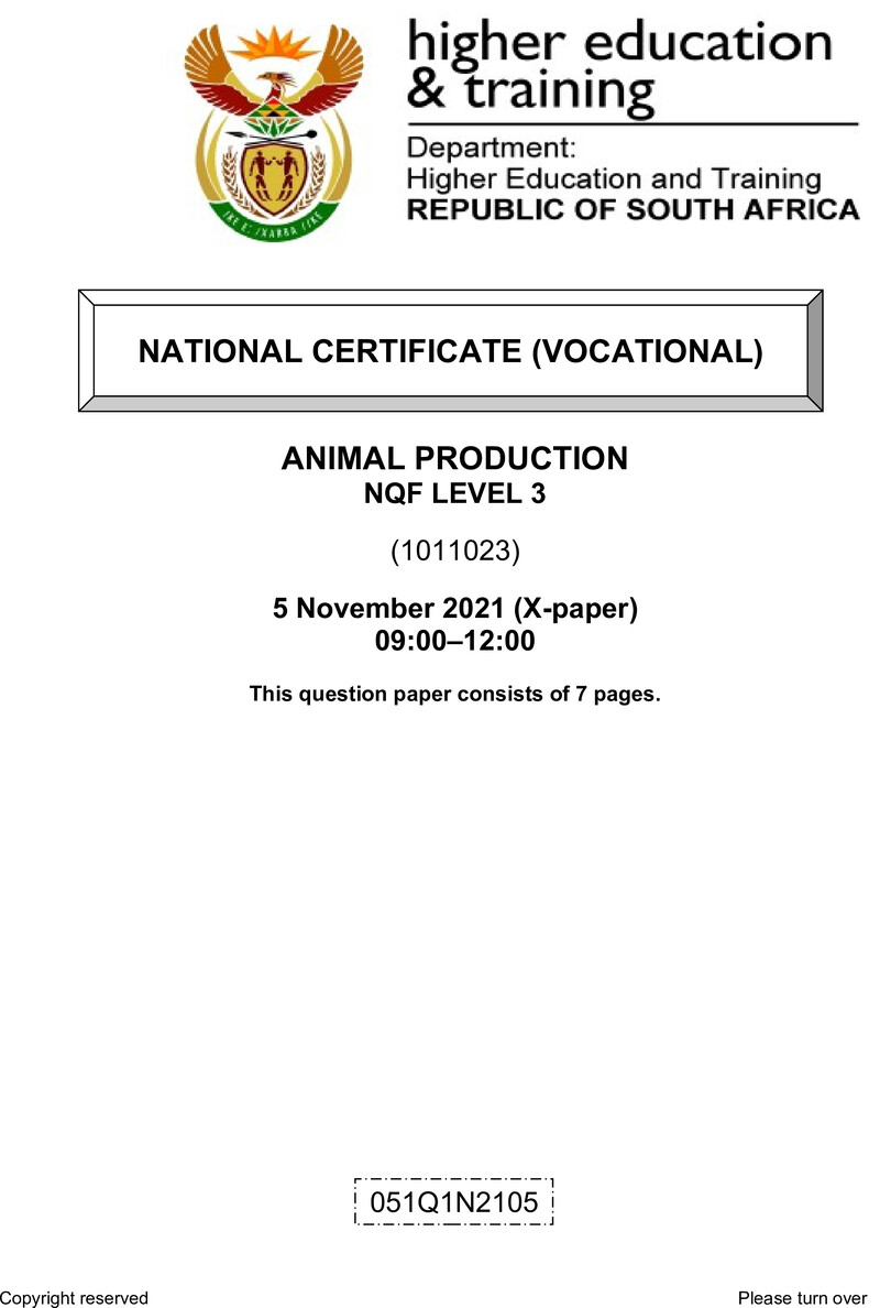 Animal Production Level 3 DHET NCV November 2021 Paper X - Question Paper