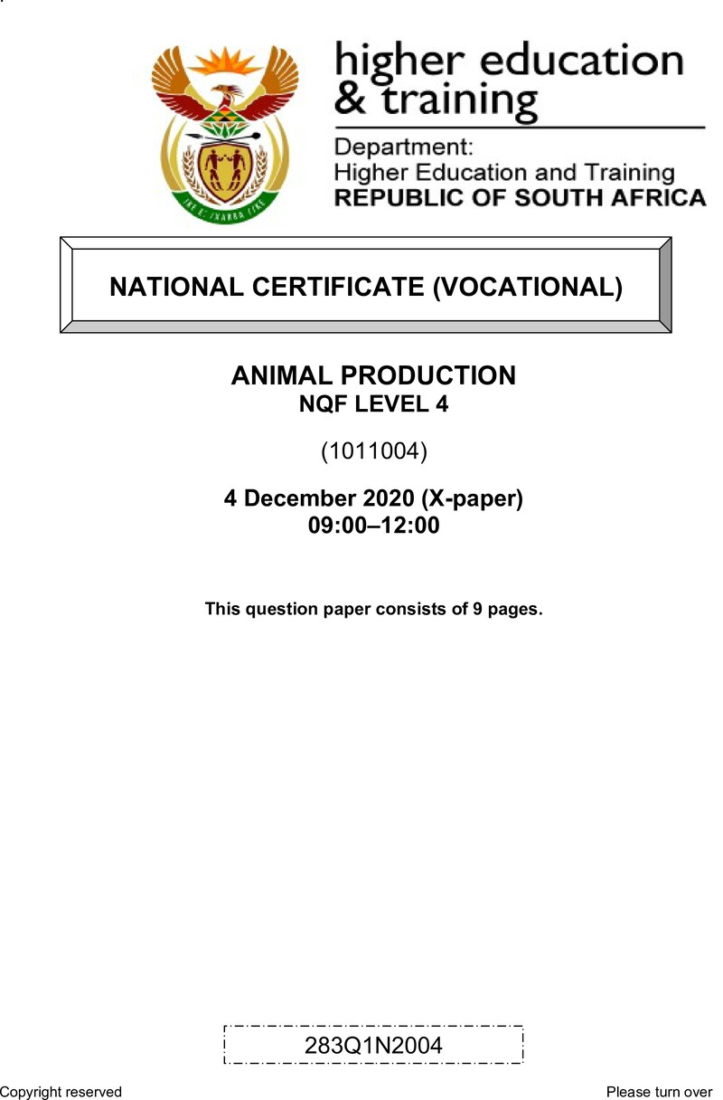 Animal Production Level 4 DHET NCV December 2020 Paper X - Question Paper