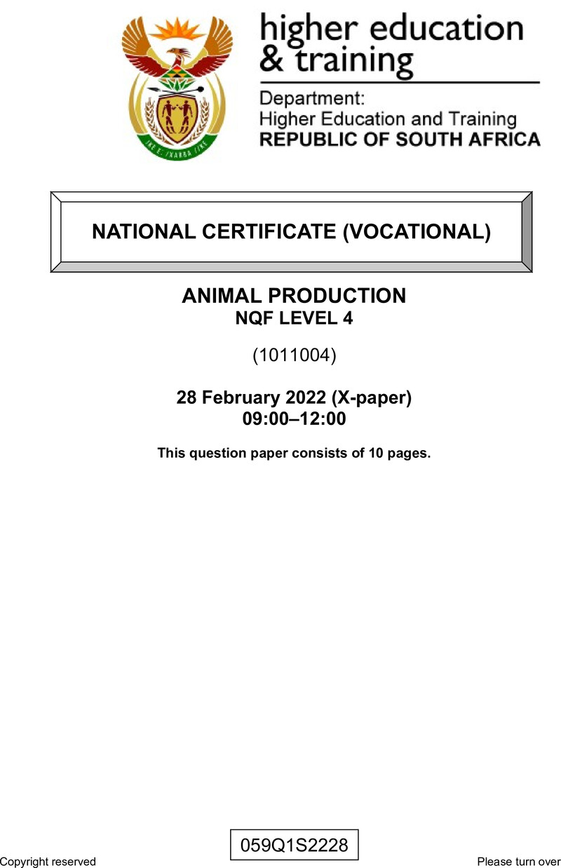 Animal Production Level 4 DHET NCV February 2022 Paper X - Question Paper
