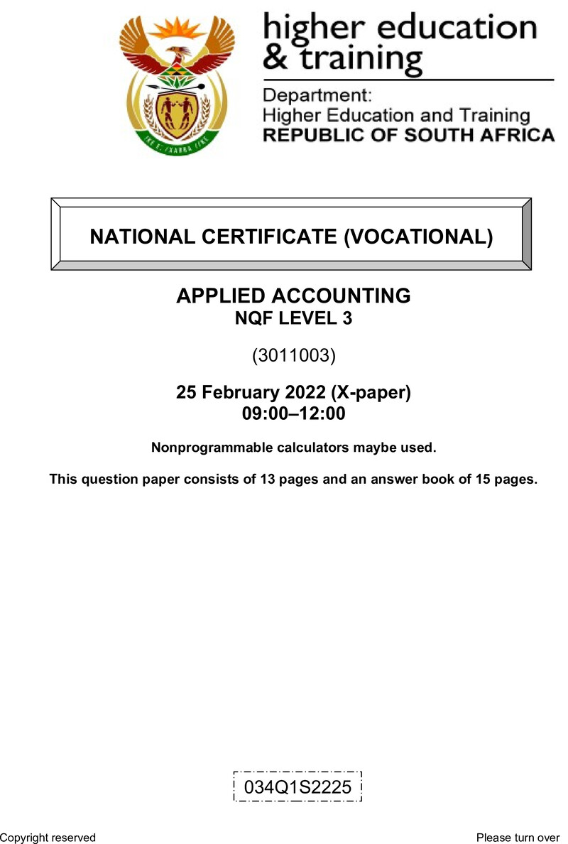 Applied Accounting Level 3 DHET NCV February 2022 Paper X - Question Paper