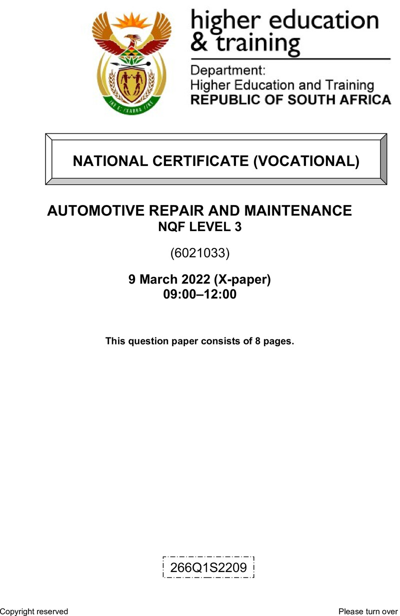 Automotive Repair and Maintenance Level 3 DHET NCV March 2022 Paper X - Question Paper