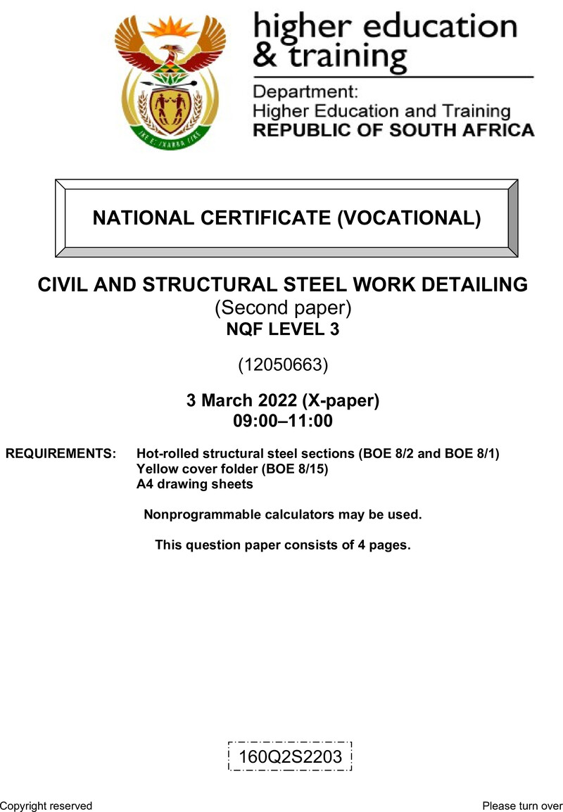 Civil and Structural Steelwork Detailing Level 3 DHET NCV March 2022 Paper X - Question Paper