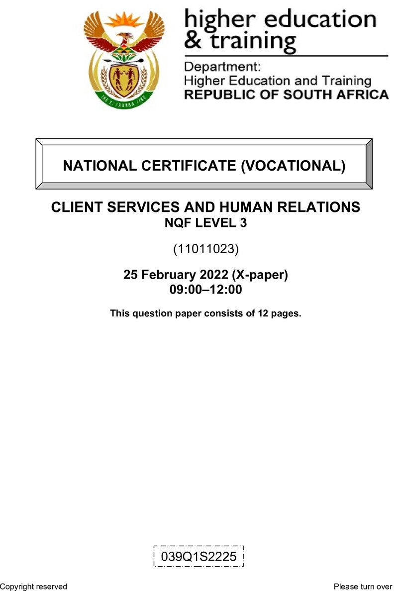 Client Services and Human Relations Level 3 DHET NCV 2022 Paper X - Question Paper