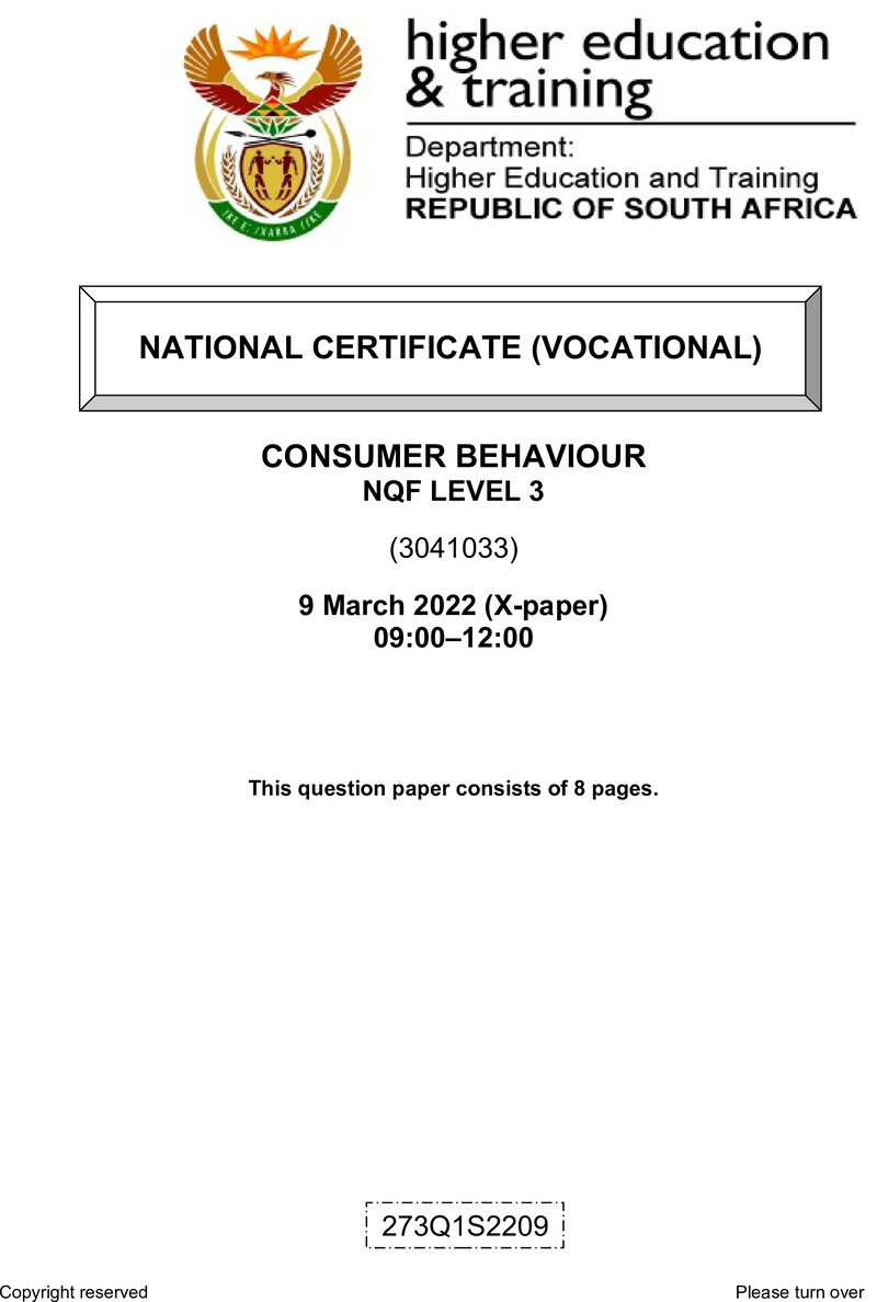 Consumer Behaviour Level 3 DHET NCV March 2022 Paper X - Question Paper