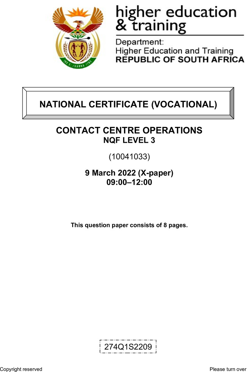 Contact Centre Operations Level 3 DHET NCV March 2022 Paper X - Question Paper