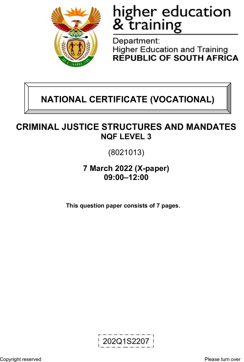 Criminal Justice Structures and Mandates Level 3 DHET NCV March 2022 Paper X - Question Paper