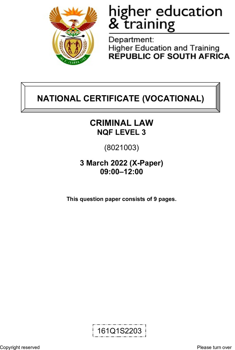 Criminal Law Level 3 DHET NCV March 2022 Paper X - Question Paper