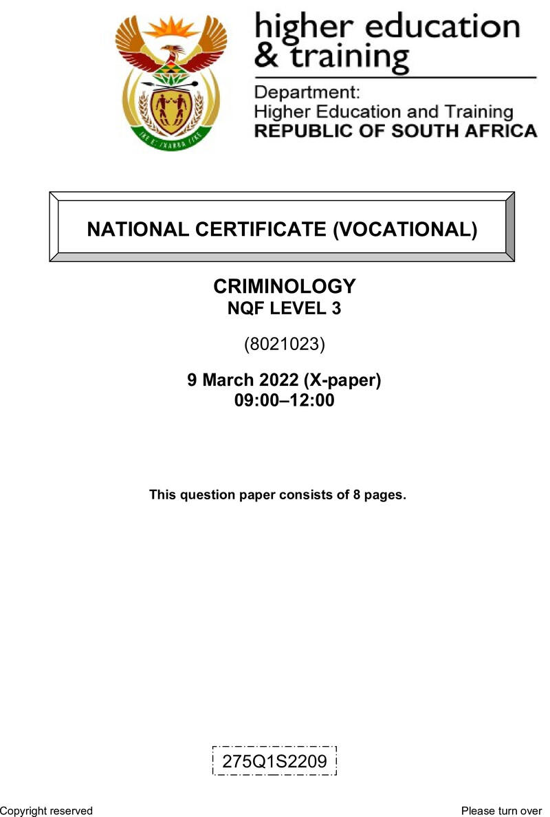 Criminology Level 3 DHET NCV March 2022 Paper X - Question Paper