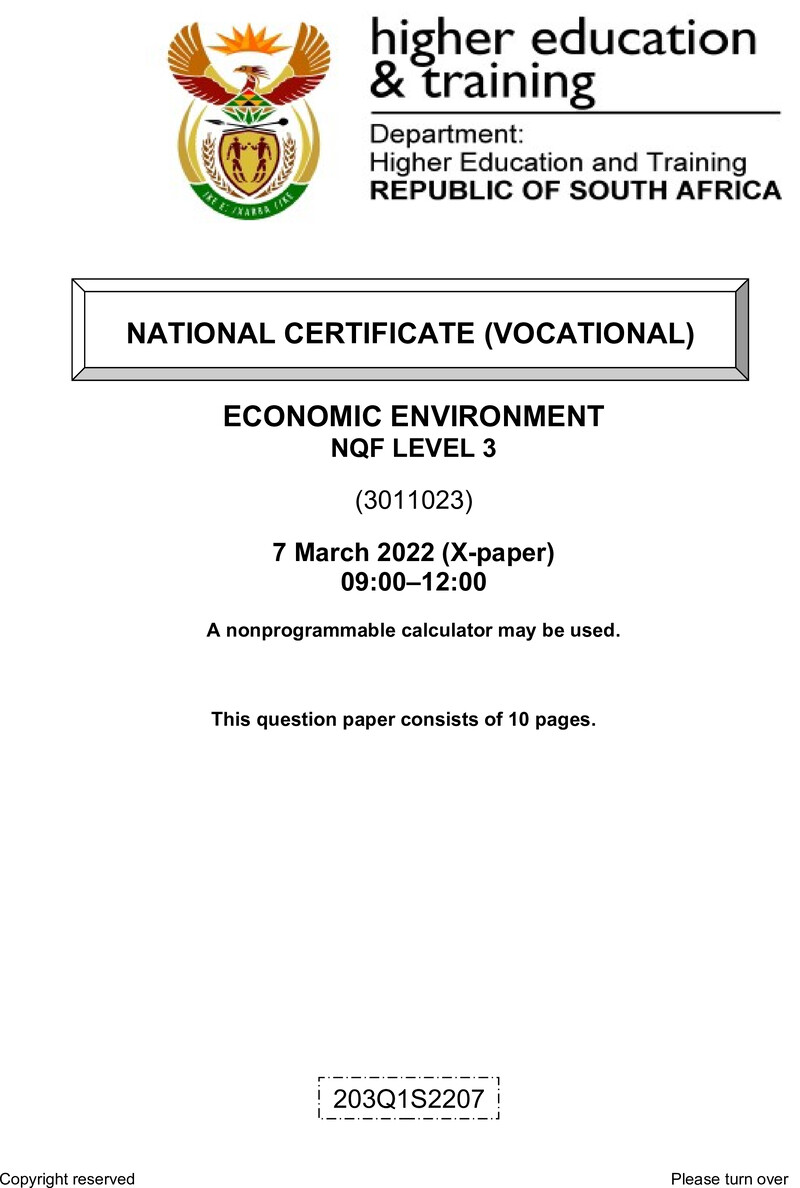 Economic Environment Level 3 DHET NCV March 2022 Paper X - Question Paper