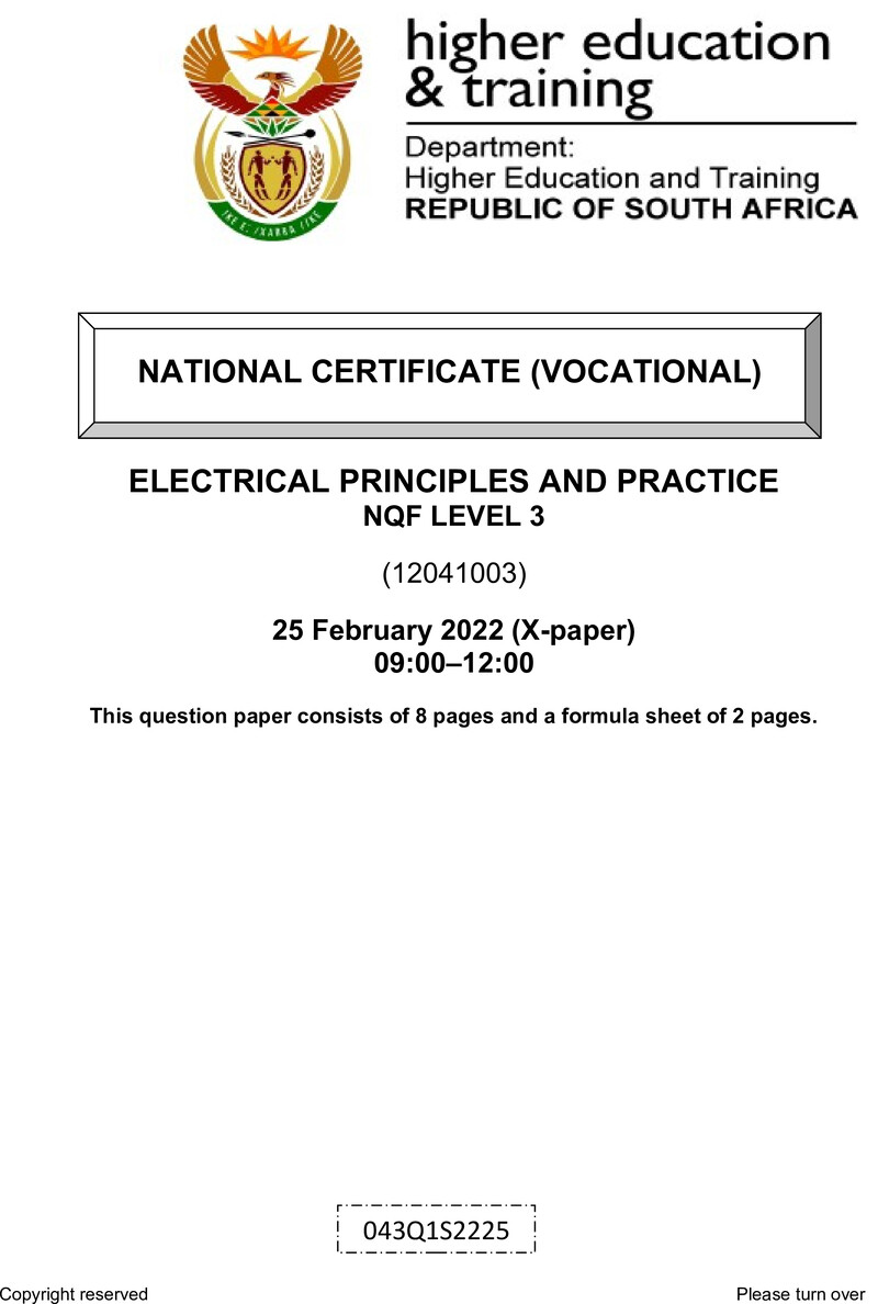 Electrical Principles and Practice Level 3 DHET NCV 2022 Paper X - Question Paper