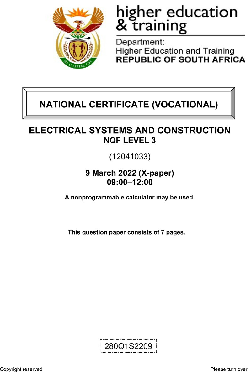 Electrical Systems and Construction Level 3 DHET NCV March 2022 Paper X - Question Paper