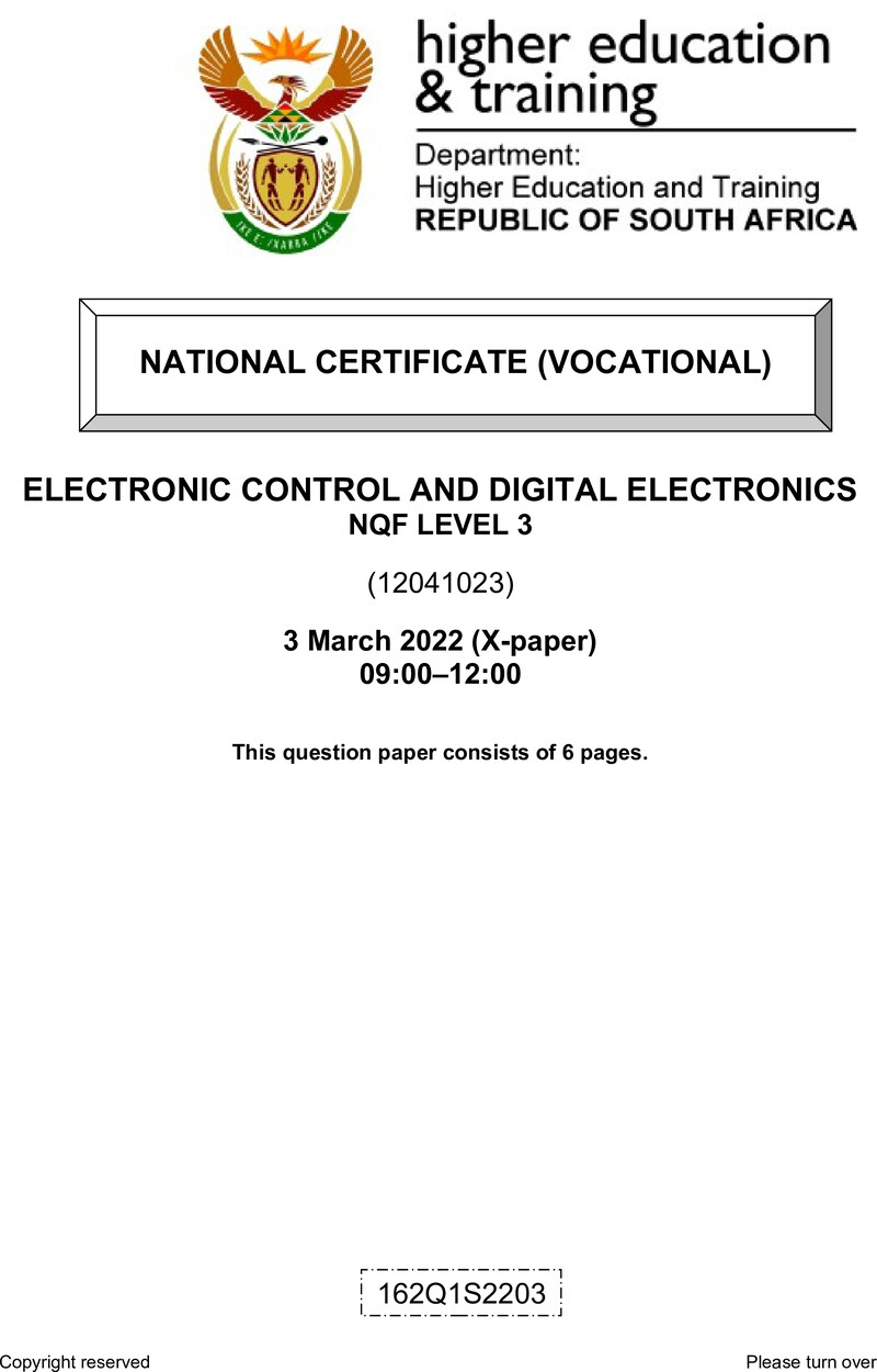 Electronic Control and Digital Electronics Level 3 DHET NCV March 2022 Paper X - Question Paper