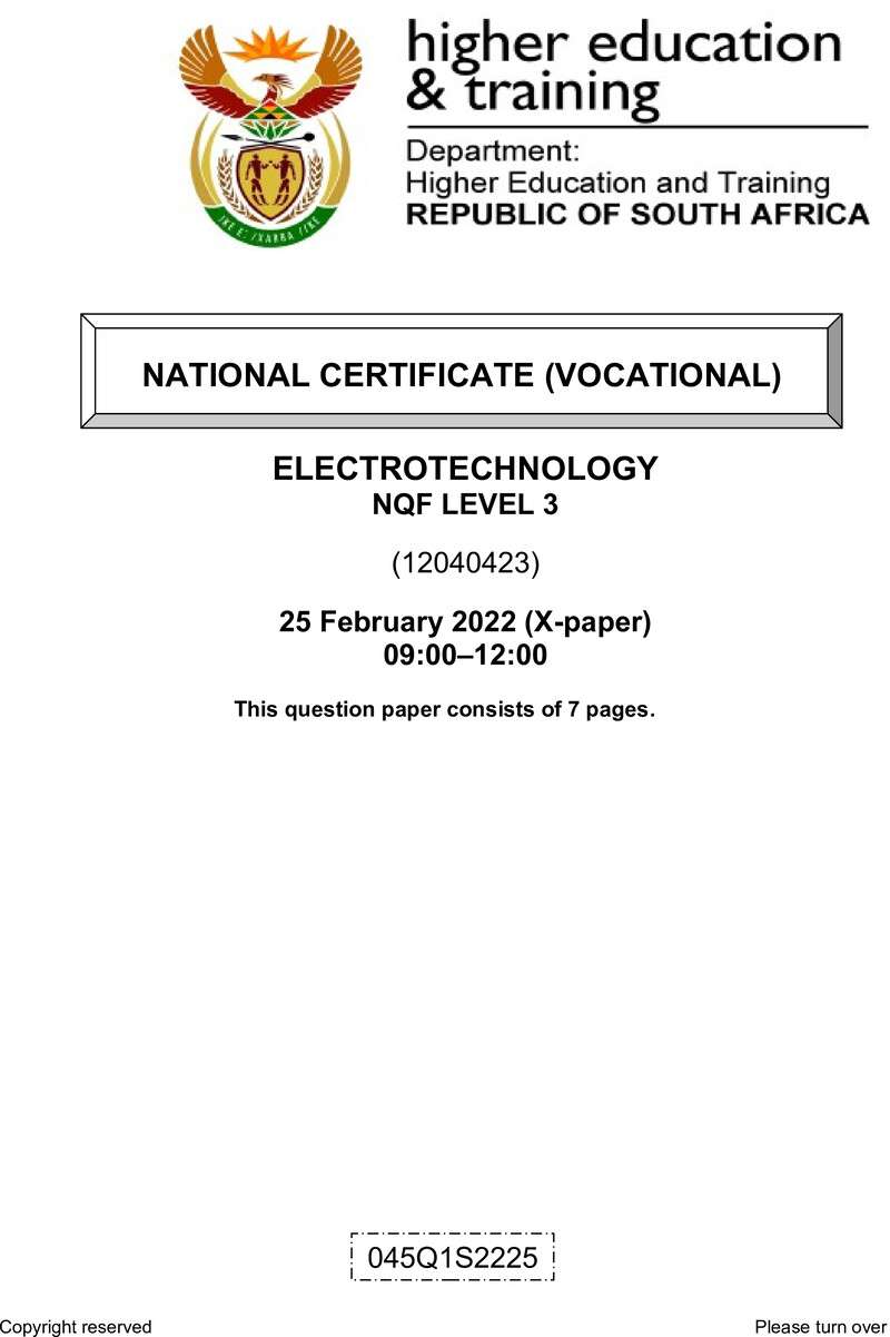Electrotechnology Level 3 DHET NCV February 2022 Paper X - Question Paper