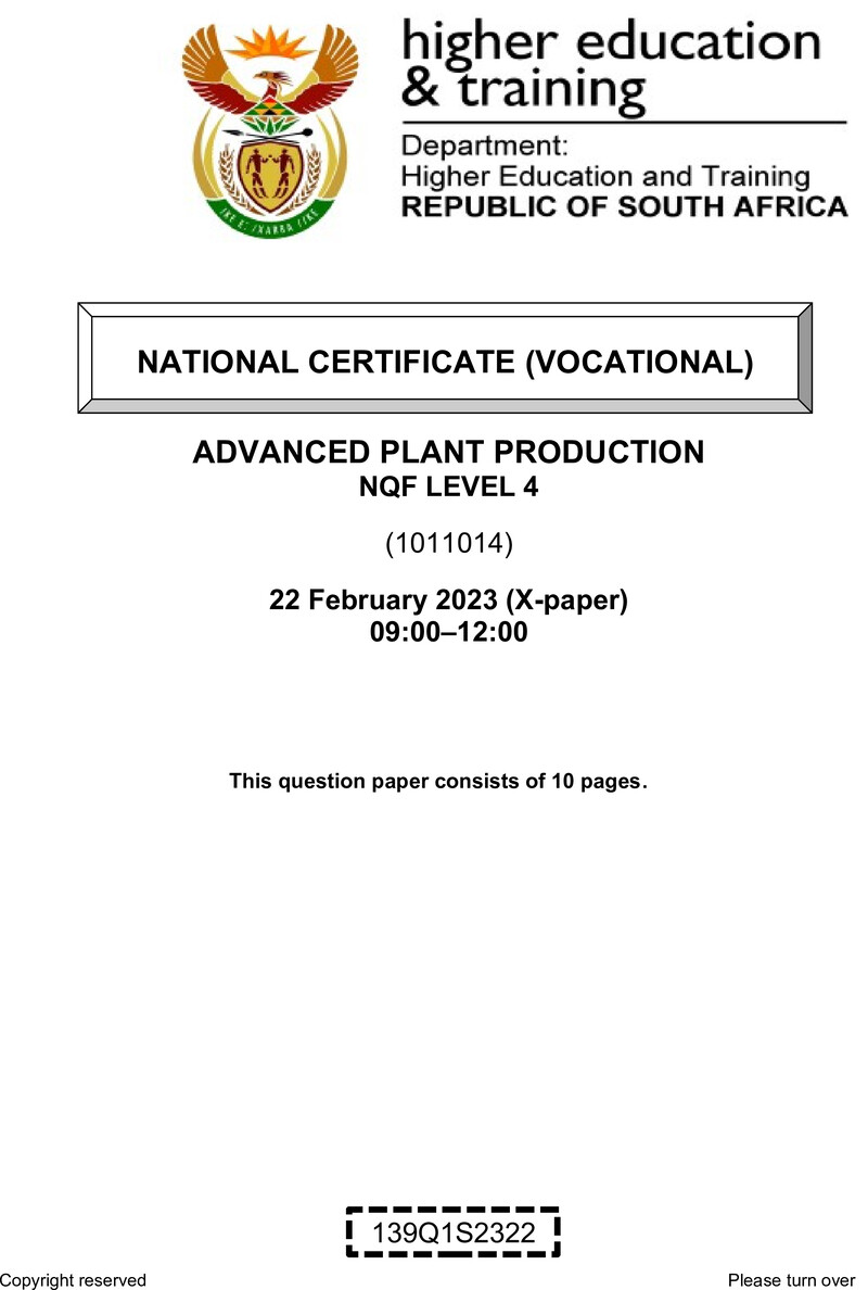 Advanced Plant Production Level 4 DHET NCV February 2023 Paper X - Question Paper