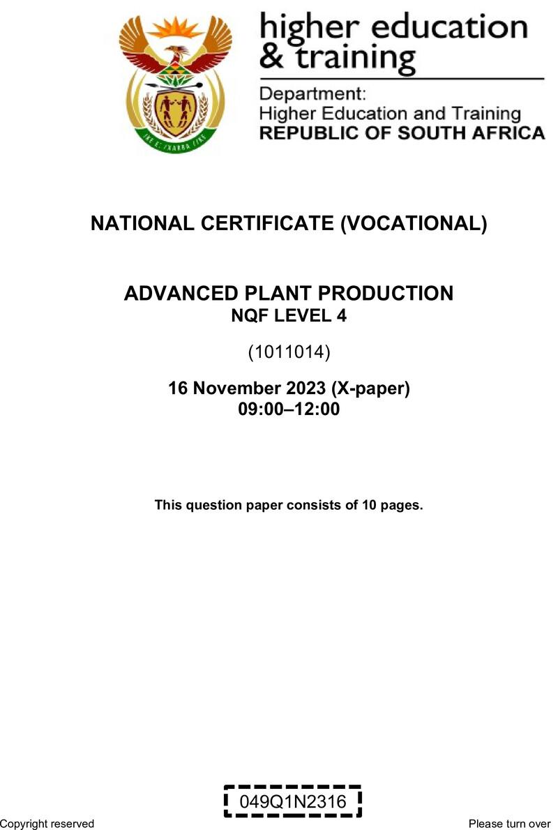 Advanced Plant Production Level 4 DHET NCV November 2023 Paper X - Question Paper