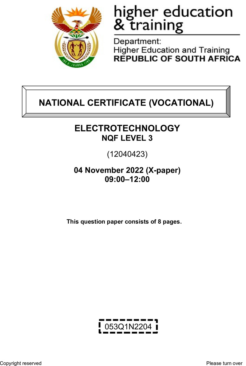 Electrotechnology Level 3 DHET NCV November 2022 Paper X - Question Paper