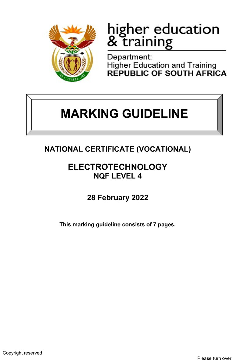 Electrotechnology Level 4 DHET NCV 2022 - Memo