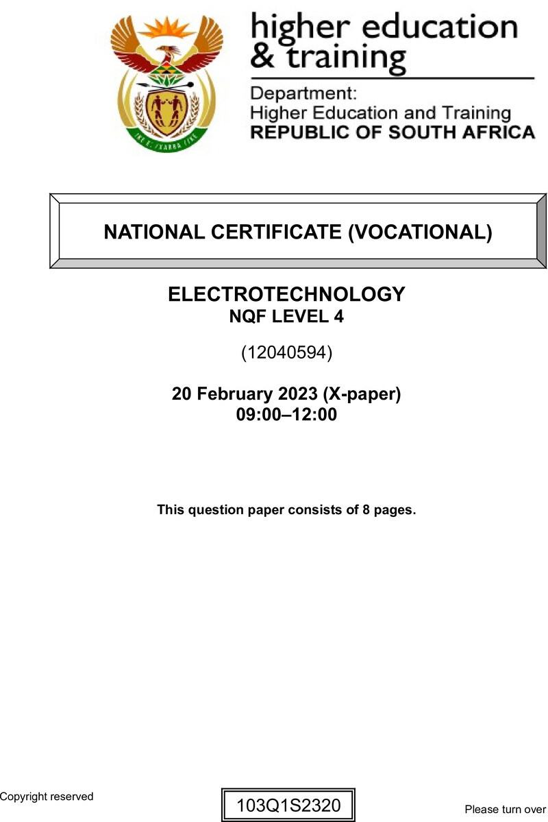 Electrotechnology Level 4 DHET NCV February 2023 Paper X - Question Paper
