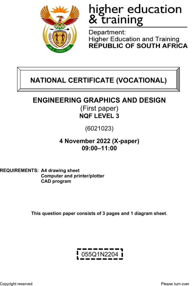Engineering Graphics and Design Level 3 DHET NCV November 2022 Paper X - Question Paper