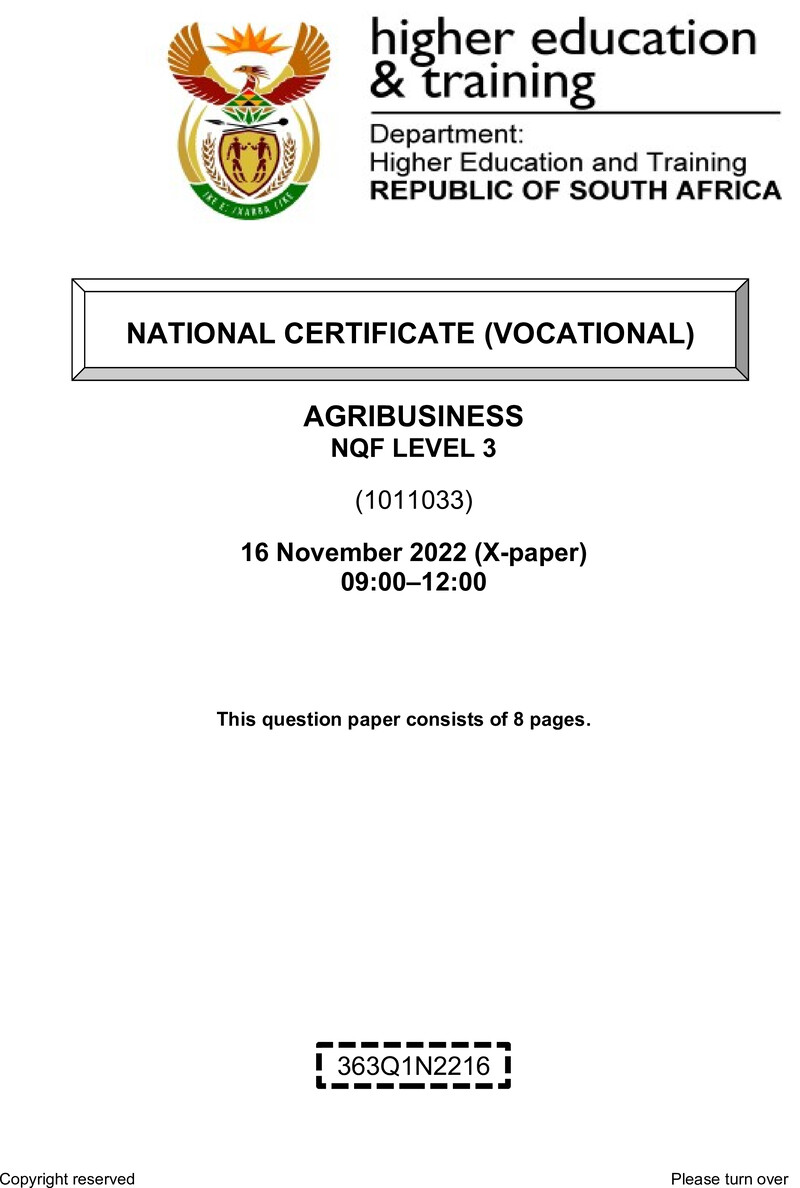 Agribusiness Level 3 DHET NCV November 2022 Paper X - Question Paper