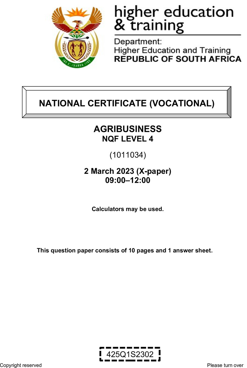 Agribusiness Level 4 DHET NCV March 2023 Paper X - Question Paper