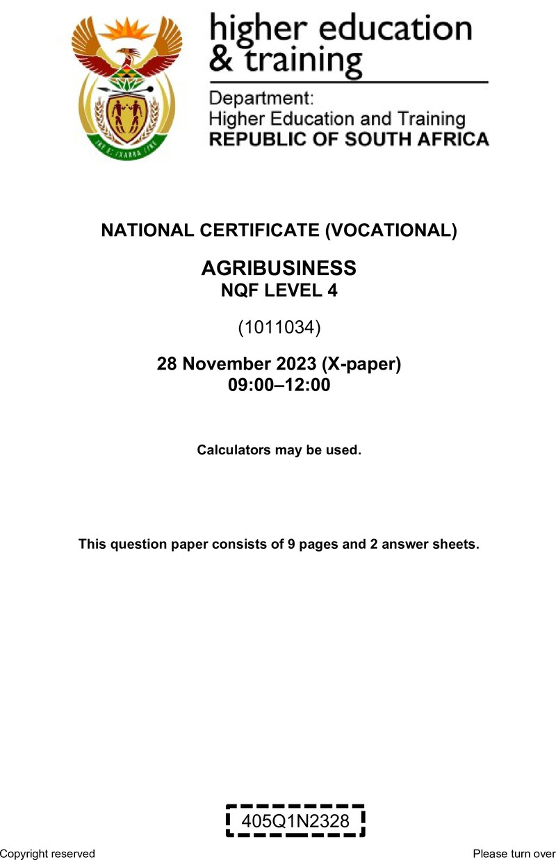 Agribusiness Level 4 DHET NCV November 2023 Paper X - Question Paper