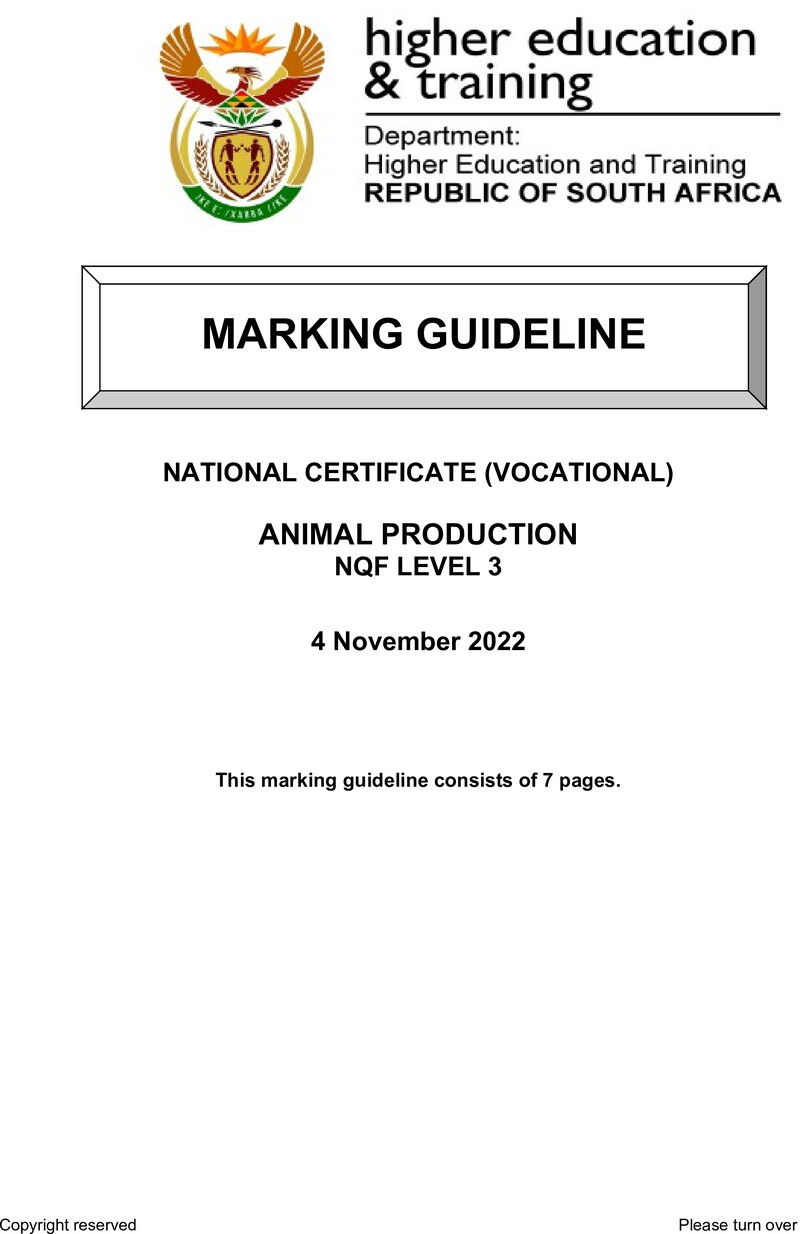 Animal Production Level 3 DHET NCV November 2022 - Memo