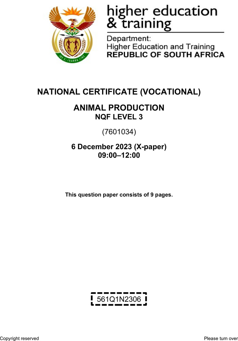Animal Production Level 3 DHET NCV December 2023 Paper X - Question Paper
