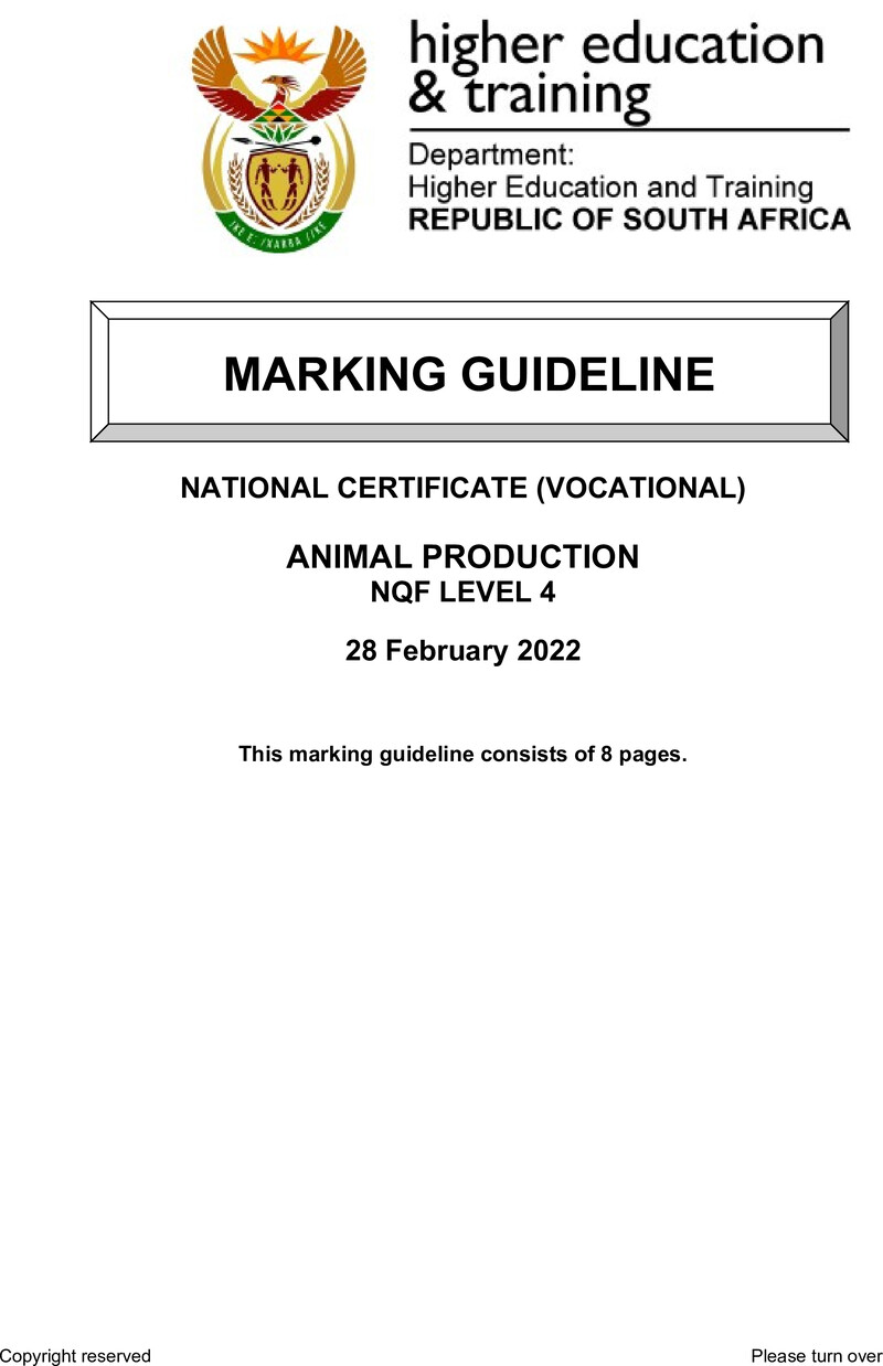 Animal Production Level 4 DHET NCV 2022 - Memo