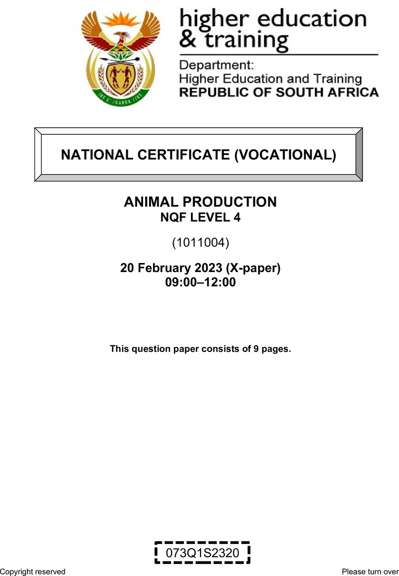 Animal Production Level 4 DHET NCV February 2023 Paper X - Question Paper