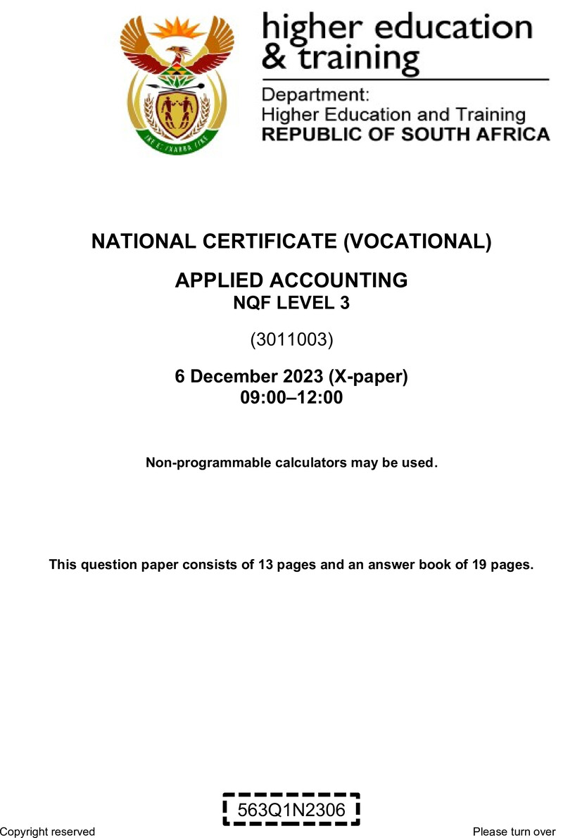 Applied Accounting Level 3 DHET NCV December 2023 Paper X - Question Paper