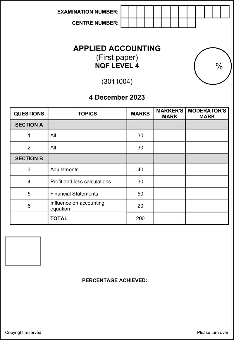 Applied Accounting Level 4 DHET NCV December 2023 - Question Paper