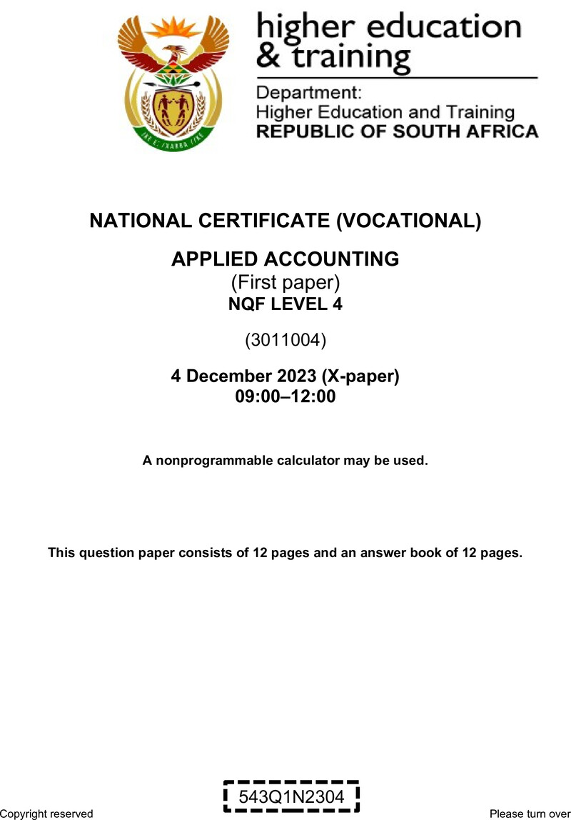 Applied Accounting Level 4 DHET NCV December 2023 Paper X - Question Paper